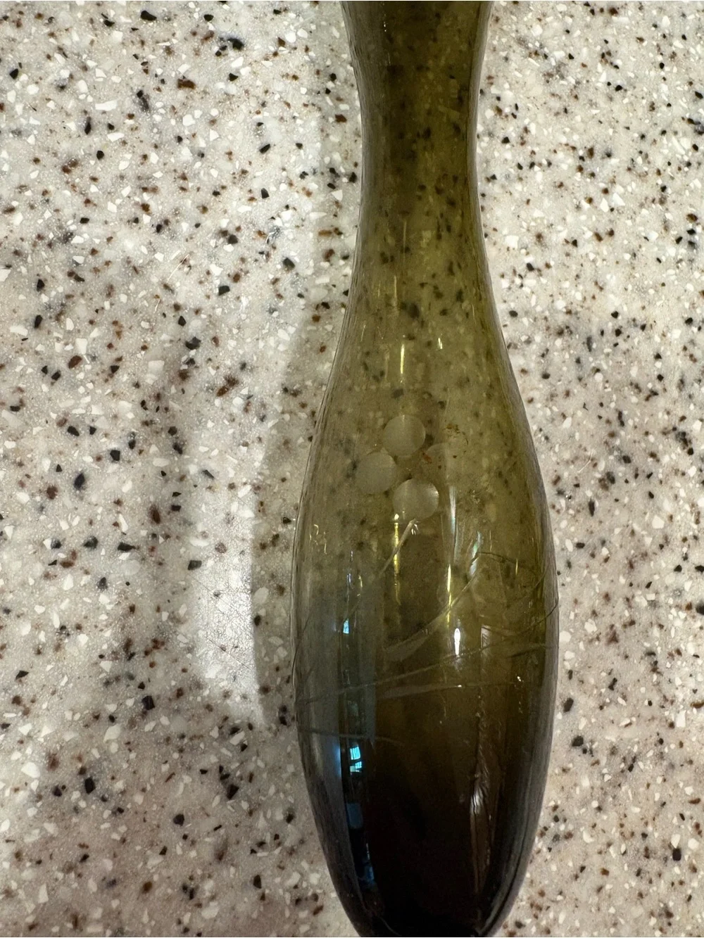 Vintage Olive Green Blown Glass Footed Vase Etched Flower
